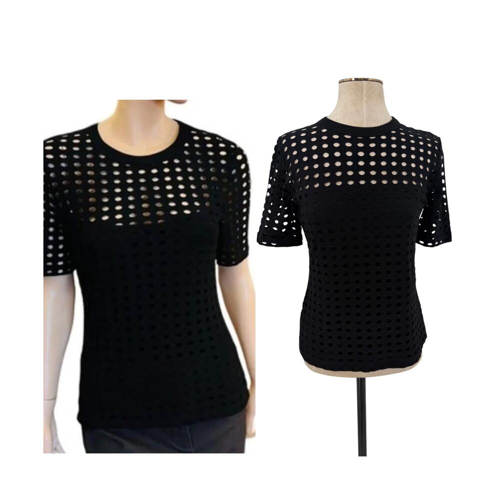 T by Alexander Wang Perforated Cutout Short Sleeve Crew Neck Top Black Size S